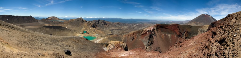 Tongariro NP: Panorama vom Nordabstieg des Randes des Red Craters auf Blue Lake, die 3 Emerald Lakes, ins Innere des geborstenen und noch aktiven Red Craters und den Mt. Ngauruhoe (2291m), Januar 2008