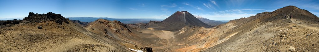 Tongariro NP: Auf dem Weg zum Gipfel des Mt. Tongariro (1967m) eröffnet sich das Panorama über den South Crater, Mt. Ngauruhoe (2291m) und den Mt. Ruapehu (2797m), Januar 2008