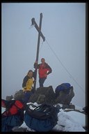 Gipfel des Schönbichler Horns (3133m) bei leichten Winterbedingungen und Nullsicht