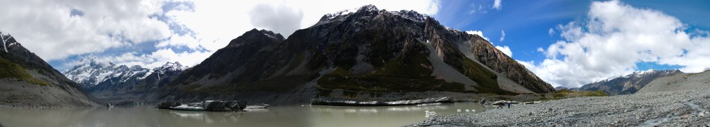 Westseite des Hooker Glaciers mit Blick zum Mt. Cook (3754m) und auf die Mt. Cook Range mit Mt. Kinsey (2083m) und Mt. Wakafield (2058m), Dezember 2007