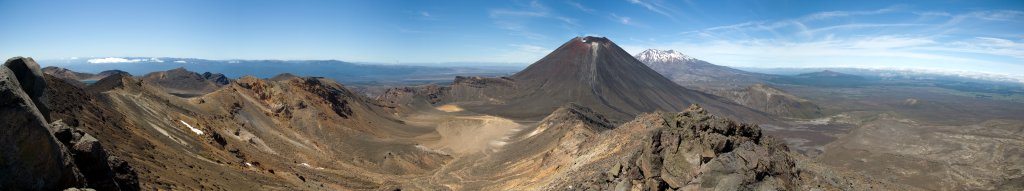 Tongariro NP: Panorama vom Gipfel des Mt. Tongariro (1967m) mit Blick auf den Blue Lake, Red Crater, South Crater, Mt. Ngauruhoe (2291m) und den Mt. Ruapehu (2797m), Januar 2008