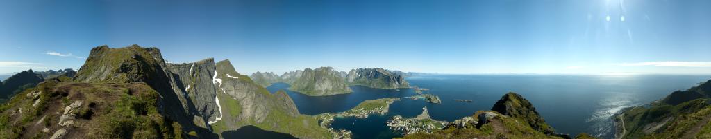 Bilder wie aus dem Flugzeug: 360-Grad-Panorama über den Kjerkfjorden bei Reine vom westlichen Vorgipfel des Reinebringen auf 489m Höhe, Moskenesoya, Lofoten