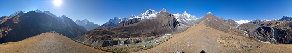 360-Grad-Panorama oberhalb Machhermo mit Arakam Tse, Cholatse, Kangtega, Thamserku, Khumbi Yul Lha, Phuletate, Teningbo, Kyajo Ri und Cho Oyu, Nepal, Oktober 2011.