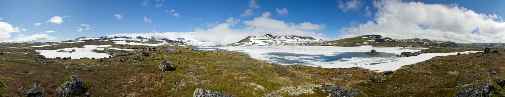 Der Bahnhof Finse (1222m) der Bergenbahn und der Finsevatnet am Hardangerjökulen, Norwegen, Juli 2012.