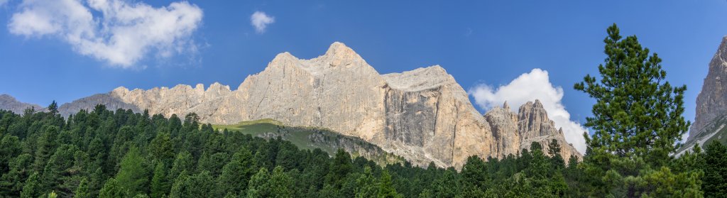 Blick auf die mächtige Ostwand der Rosengartenspitze (2981m) und die Vaiolettürme im Val de Vaiolet, Dolomiten, Juli 2013.