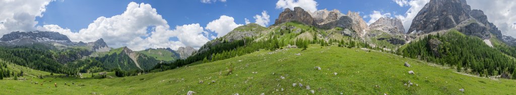 360-Grad-Panorama mit glücklichen Kühen im Val de Contrin oberhalb des Rifugio Contrin (2074m) unter den Südwänden des Gran Vernel, der Marmolada und der Zime de Ombreta, Dolomiten, Juli 2013.