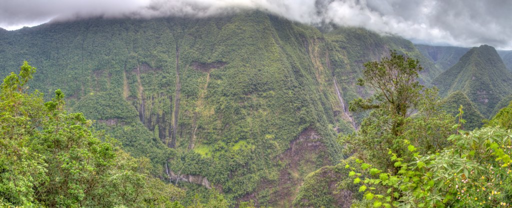 Tropisch grüner Wald und hohe Wasserfälle im Tal von Takamaka. Unser Aufenthalt fiel im Oktober 2013 in eine ausgesprochen trockene Wetterphase, weshalb die Wasserfälle nicht so stark mit Wasser gefüllt sind, wie sie es sonst nach den auf La Reunion üblichen heftigen Regenfällen sicherlich sind. Die Bauwerke des Wasserkraftwerksbetreibers EDF und die überbordende Vegetation machen es dem Fotografen im Tal von Takamaka im Norden von La Reunion nicht leicht, das Tal mit seinen beeindruckend hohen Wasserfällen im Panorama abzulichten. So stammen die meisten Bilder von Takamaka, die das Tal im weiten Rundblick zeigen, von Hubschrauber-Überflügen für die das Tal von Takamaka sehr beliebt ist. La Reunion, Oktober 2013.