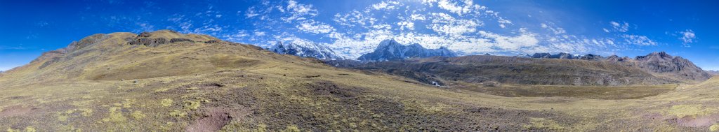 Im Aufstieg von Wanu Wanu zum Jampa-Pass (5100m) bevölkern große Alpaka-Herden die grasigen Hänge des Humantilla während die Szenerie von den vergletscherten Berggruppen des Nevado Puca Punta (5750m), des Collque Cruz (5960m) und Collpa Anante / Collangate (6110m) auf der linken Seite und der Gruppe der Tres Picos (6093m) auf der rechten Seite dominiert wird, Cordillera Vilcanota, Peru, Juli 2014.