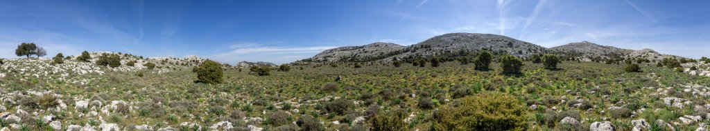 360-Grad-Panorama auf der Hochfläche Su Campo 'e Susu im südlichen teil des Monte Albo mit der Mesu 'e Puntas(1101m), der Punta Manna (1088m) und der Punta Catirina (1127m), Sardinien, April 2014.