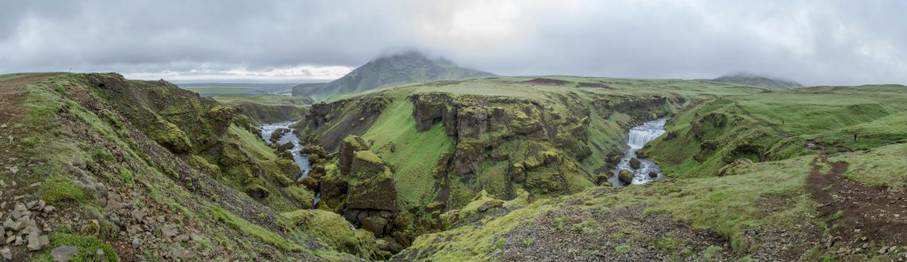 Im wilden Tal des Skogar-Flusses nahe des Skogafoss ist alles von Moos überzogen, Island, Juli 2015.