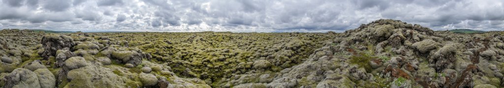 360-Grad-Panorama inmitten von isländischem Moos. Das mit bis zu 25cm dickem Moos bewachsene Lavafeld Eldhraun bei Kirjubaejarklaustur ist ein Produkt der Laki-Krater-Ausbrüche (Eldgja Ausbruchsspalte) aus den Jahren 1783-1785, Island, Juli 2015.