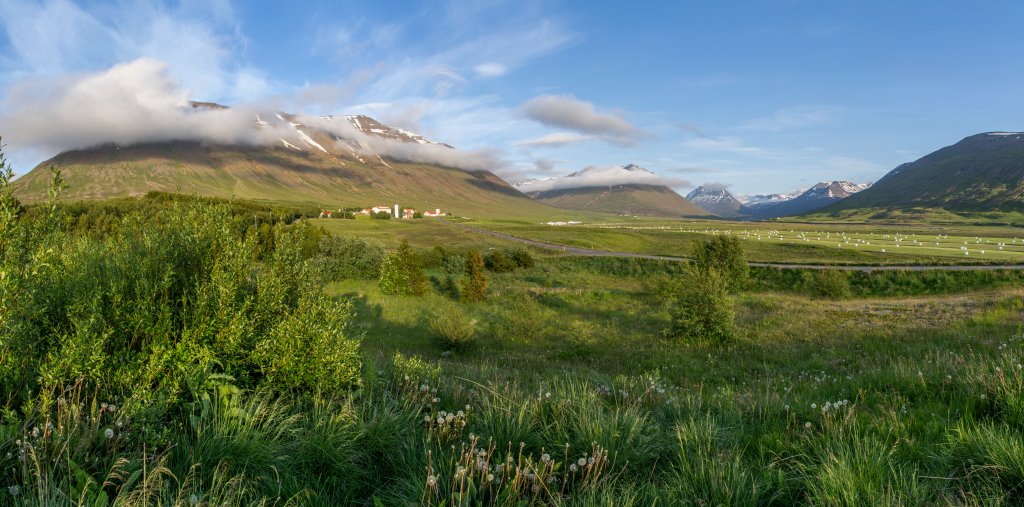 Abendlicher Blick auf Holar unter dem Gvendarskal (570m), Island, Juli 2015.