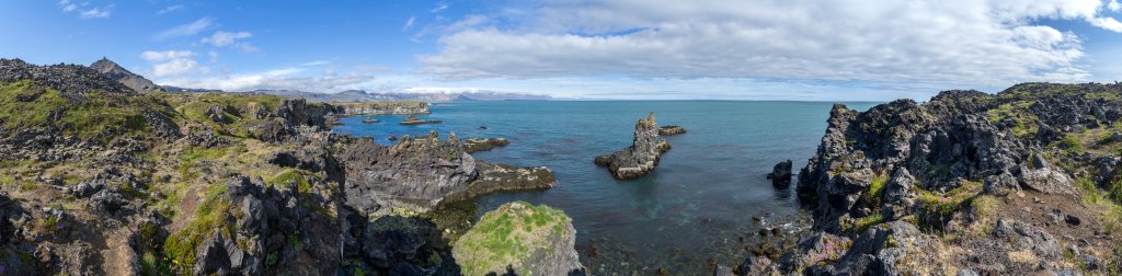 An der südlichen Basalt-Steilküste der Snæfellsnes-Halbinsel zwischen Arnarstapi und Hellnar, Island, Juli 2015.