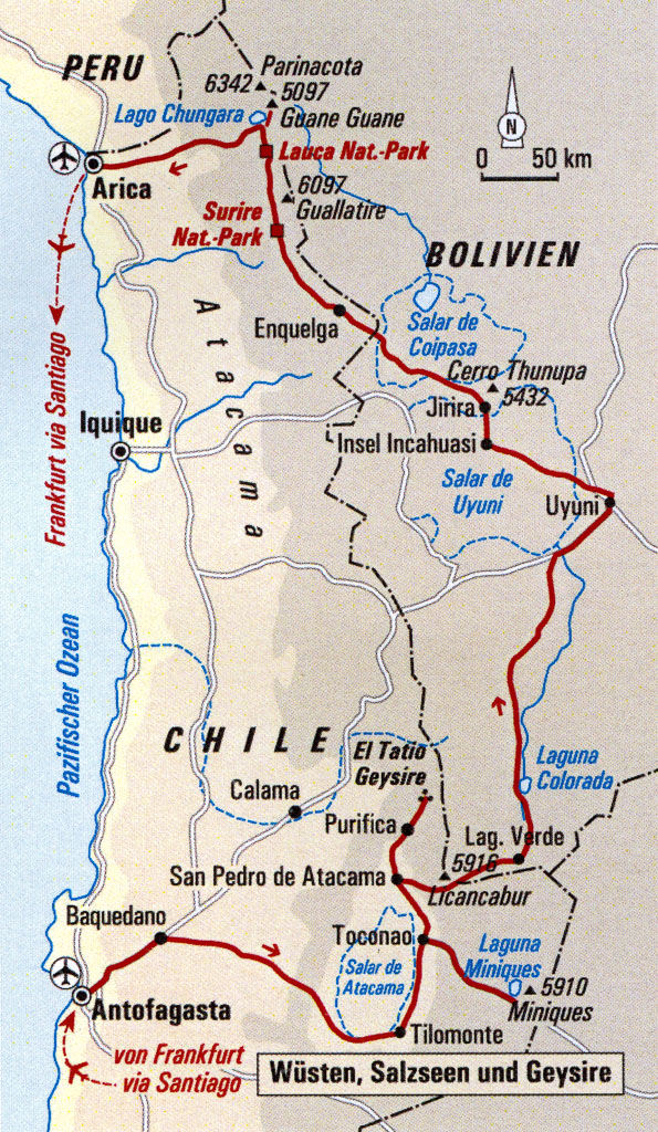 Verlauf der Reise 'Chile - Bolivien: Wüsten, Salzseen und Geysire', Hauser Exkursionen, November/Dezember 2016.