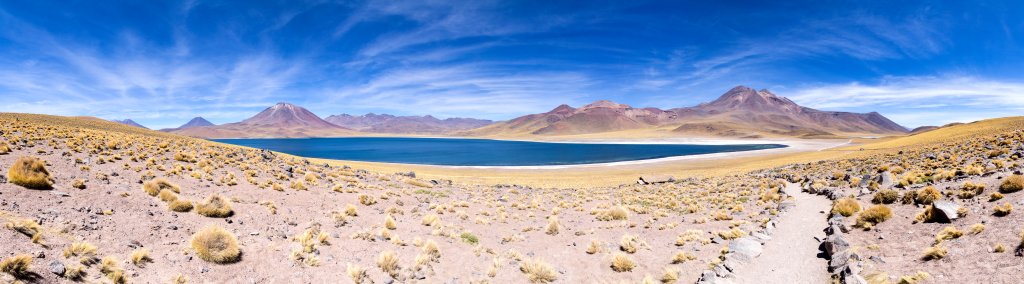 Die Laguna Miscanti (4140m) mit dem Cerro Miscanti (5622m) und dem Vulkan Miniques (5840m), Chile, November 2016.