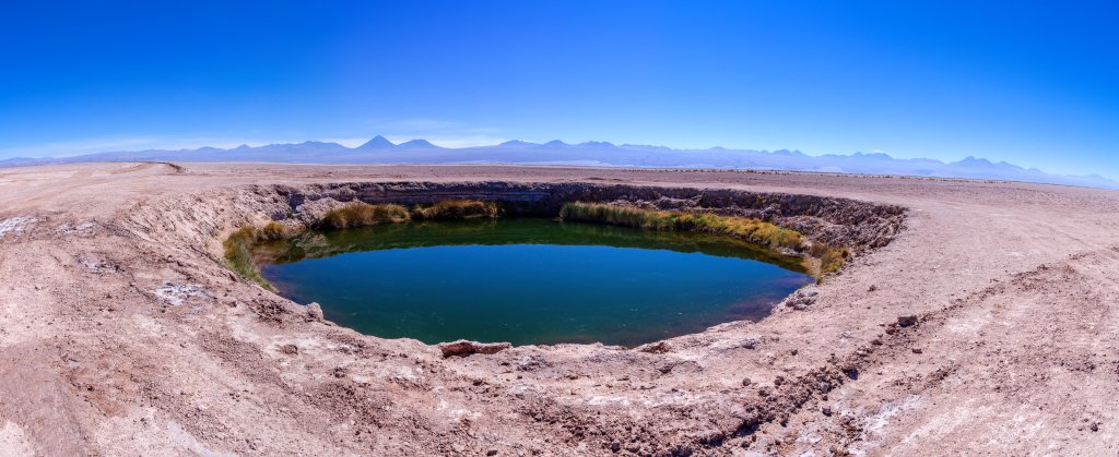 Die beiden Ojos del Salar (Augen des Salzsees) sind zwei Lagunen im Norden des Salar de Atacama zwischen der Laguna Cejar und der Laguna Tebinquinche, Chile, November 2016.