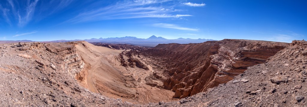 Panorama am westlichen Eingang ins Valle de la Muerte, das nach seinem Entdecker eigentlich Mars-Tal - Valle de Marte - heissen sollte. In der Andenkette am Horizont der markante Vulkankegel des inaktiven Licancabur (5920m), Chile, November 2016.