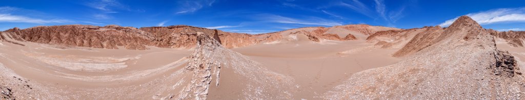 360-Grad-Panorama am Grund des Valle de la Muerte nach dem Abstieg über eine der größten Sanddünen des Tals. Die weissen Felsen im Vordergrund bestehen aus Sedimenten und Zentimeter starken Salzplatten, Chile, November 2016.