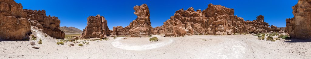 360-Grad-Panorama in der Steinernen Stadt Italia Perdida bei Villa Mar auf der Fahrt von der Laguna Colorada nach Uyuni, Bolivien, November 2016.