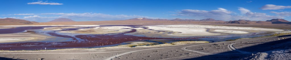 Bei Sonnenuntergang am erhöhten Aussichtspunkt an der Laguna Colorada, Bolivien, November 2016.