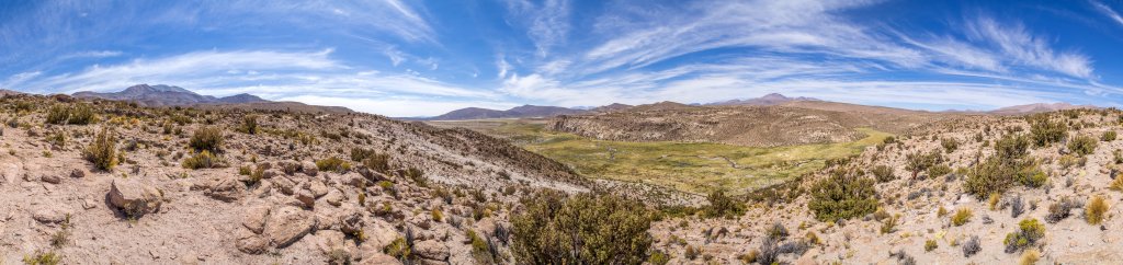 Am Mirador Suricayo im Parque Nacional Volcan Isluga hat man einen weiten Blick über das Tal und den Bofedal des Rio Isluga, Chile, November 2016.