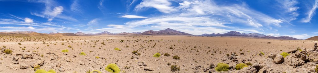 Mittagsrast im wüstenhaften Hochandenland bei Parajalla Vilacollo zwischen dem Parque Nacional Volcan Isluga und dem Monumento Natural Salar de Surire. Die grünen Hügel im Vordergrund sind ein baumartig-hartes Wüstengewächs aus der Familie der Doldenblütler mit Namen Llareta, Chile, November 2016.