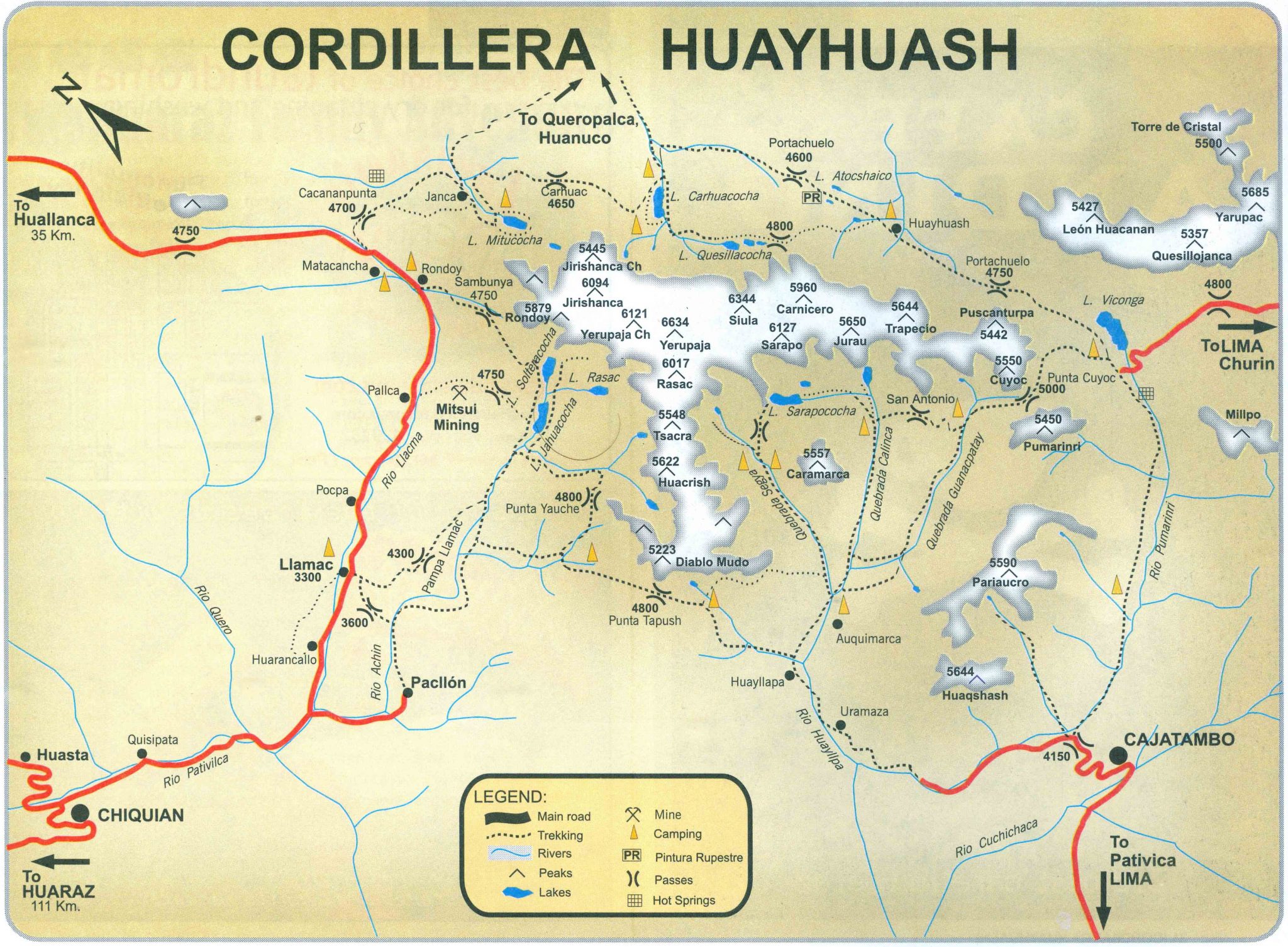 Verlauf der Umrundung der Cordillera Huayhuash (Nord-Süd-Ausrichtung der Karte beachten, Juli 2019.