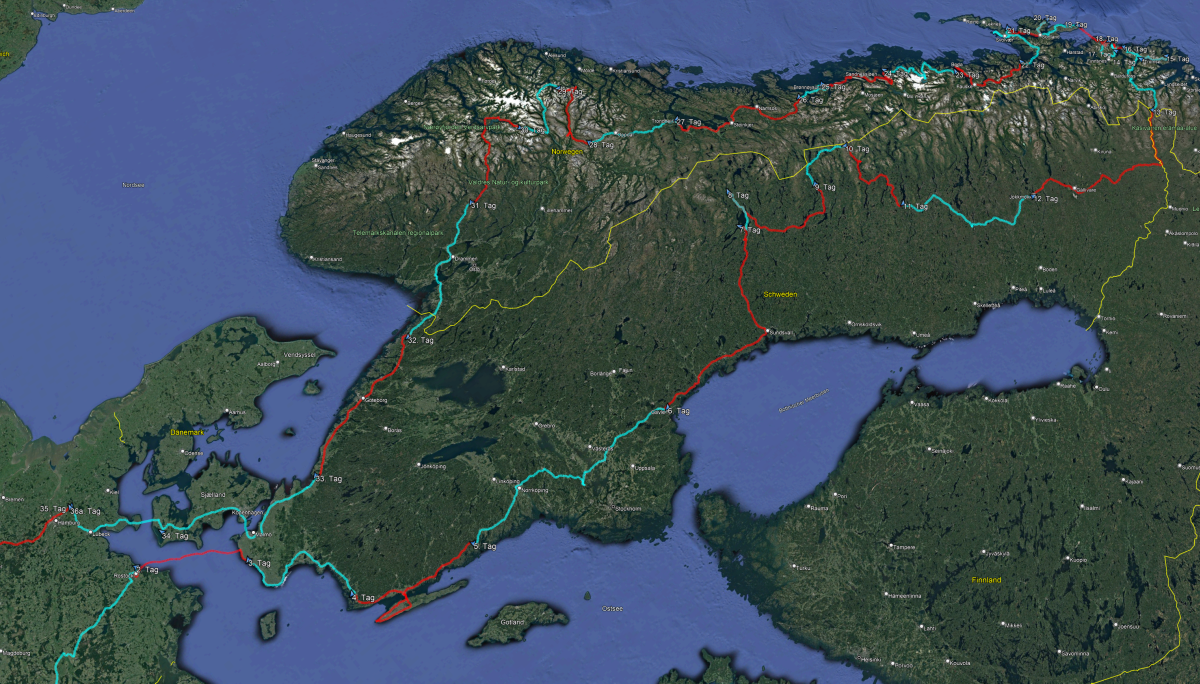 Überblick über die 5-wöchige Reiseroute von Bayern nach Dänemark, Schweden und Norwegen, Juni/Juli 2022.