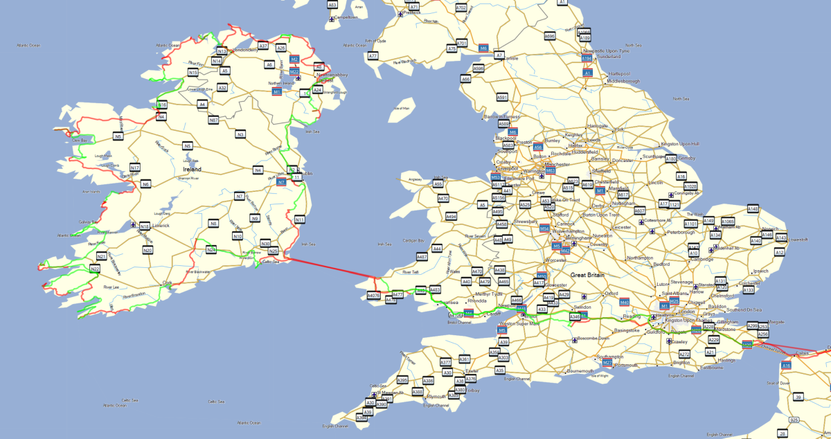 Überblick über die 5-wöchige Reiseroute von Bayern nach Großbritannien und Irland, Mai/Juni 2023.