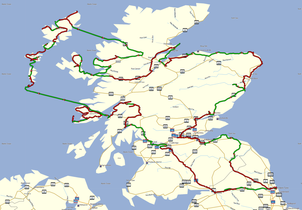 Überblick über die 5 1/2-wöchige Reiseroute von Bayern über Amsterdam und Newcastle nach Schottland, Mai/Juni 2024.