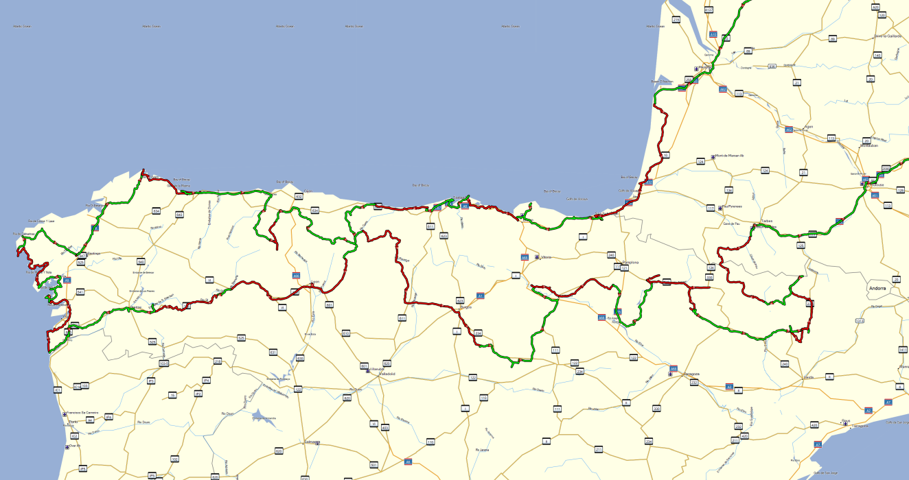 Überblick über die 5 1/2-wöchige Reiseroute von Bayern einmal quer durch Frankreich nach Nordspanien bis zum Cabo de Finisterre und nach Santiago de Compostela, Mai/Juni 2025.