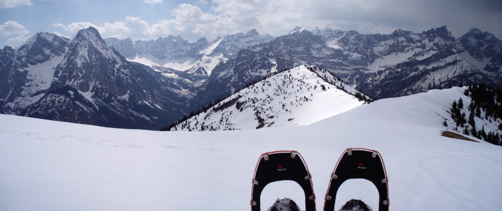 Blick vom Schönalmjoch (1986 m) in Richtung Süden auf Gamsspitze, Laliderer Falk sowie die Karwendelhauptkette mit Kaltwasserspitze, Birkkarspitze, Großer Seekarspitze und Östlicher Karwendelspitze, Karwendel, April 2006