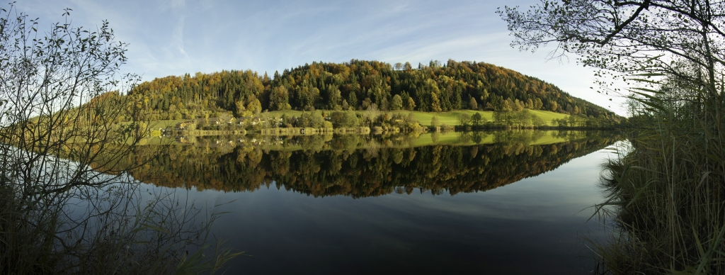 Spiegelbild des herbstlichen Waldes im Stallauer Weiher bei Bad Tölz, Tölzer Land, Oktober 2010.