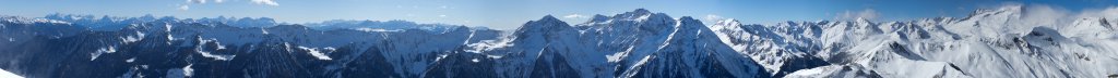 Panorama vom Gipfel der Henne (2474m) über die Gipfel der Dolomiten von den Sextener Dolomiten bis zum Schlern und die westlichen Ahrntaler Berge, Weissenbachtal, Ahrntaler Alpen, Februar 2012.