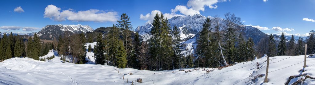 Aussicht am Weinbergerhaus (1273m) auf Zahmen und Wilden Kaiser, Wilder Kaiser, Februar 2014.