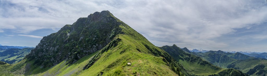 Ein steiler Anstieg führt über den Grat vom Bischofsjoch letztlich in der Westflanke auf den Gipfel des Bischof (2127m) in den Kitzbüheler Alpen; im Süden stehen die Hohen Tauern mit dem Großvenediger, Kitzbüheler Alpen, Österreich, August 2014.