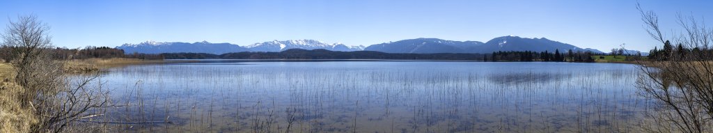 Bergpanorama auf dem Rundweg um den Staffelsee bei Uffing mit Herzogstand, Heimgarten, Simetsberg, dem Estergebirge mit Hoher Kisten, Krottenkopf, Bischof und Hohem Fricken, Ettaler Mandel, Laberjoch und der Hörnle-Gruppe mit Hinterem, Mitlerem und Vorderem Hörnle, Staffelsee, Bayern, April 2018.