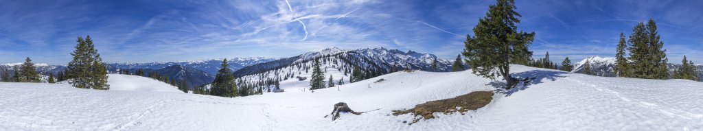 360-Grad-Panorama oberhalb der Labeggalm (1545m) mit weitem Blick hinüber zu den Kitzbühler Alpen und zum Alpenhauptkamm und vis-a-vis des Kreuzeinjochs (1702m) mit dahinter liegender Rofankette; zwischen den Bäumen schaut man auf den felsigen Gipfelaufbau des Guffert (2195m), Rofan-Gebirge, Österreich, März 2019.