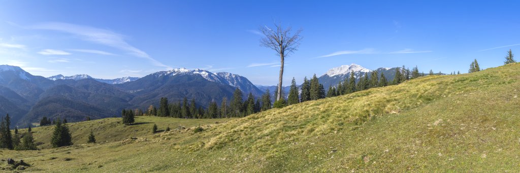 Blick vom Ameiskogel (1518m) auf die Gebirgsgruppe von Vorder-, Hoch- und Hinterunnütz (2078m / 2075m / 2007m) sowie die Guffertspitze (2194m) und den Guffertstein (1963m), Rofan, Oktober 2020.